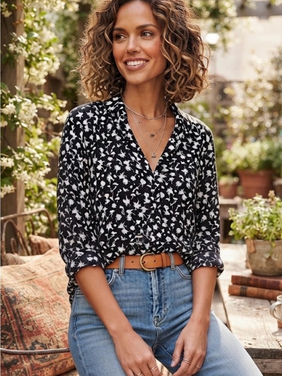 Cotton On Tops - Cotton On Dandelion Print V Neck Blouse Medium Black White Boho Minimalist